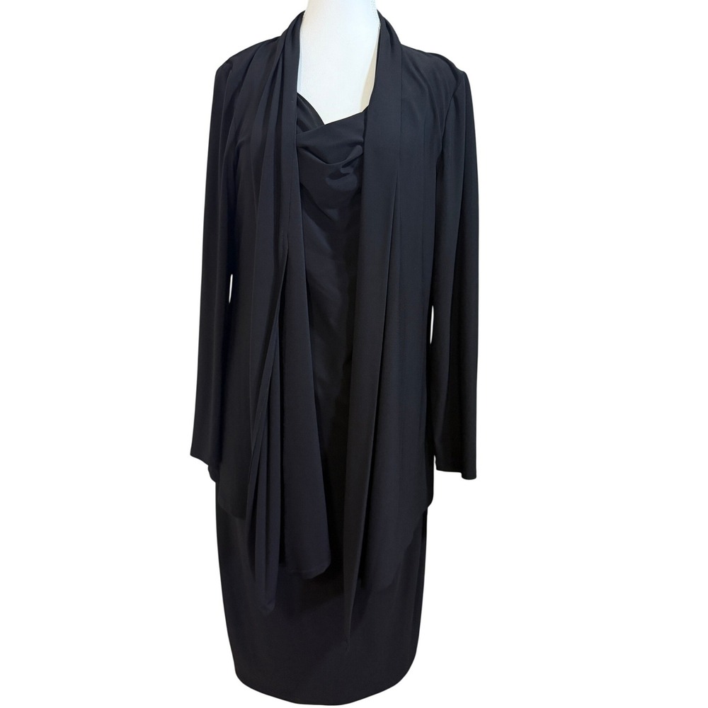 Jones New York Dress Women 14 Black Drape Neck Sheath Attached Cardigan Layered